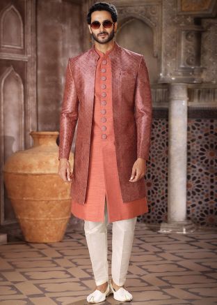 Orange Printed Mens Indo Western Sherwani Set