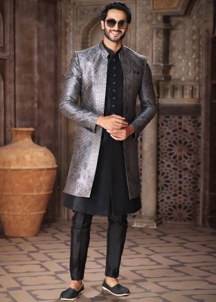 Black Embroidered Jacket Style Indo Western Sherwani