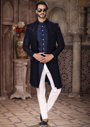 Blue Embroidered Jacket Style Indo Western Sherwani
