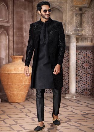 Black Embroidered Jacket Style Kurta Pajama