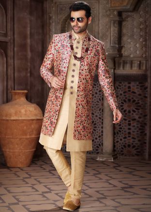 Cream Floral Printed Jacket Style Indo Western Sherwani