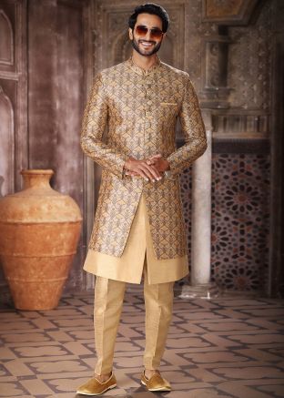 Beige Jacket Style Indo Western Sherwani In Floral Print