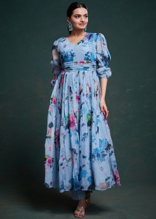 Blue Floral Printed Readymade Organza Kurta & Pant