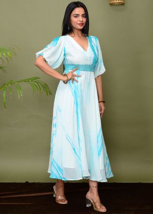 White Tie- Dye Printed Chiffon Readymade Dress