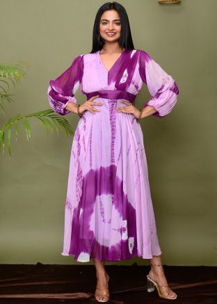 Lavender Tie- Dye Printed Chiffon Readymade Dress