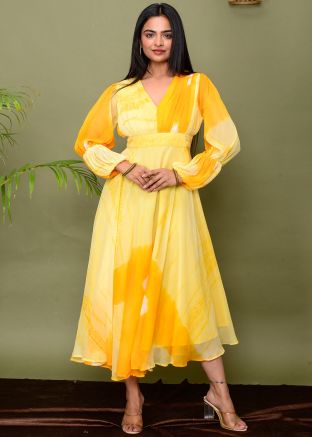 Yellow Tie- Dye Print Readymade Dress In Chiffon