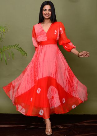 Peach Chiffon Readymade Dress In Tie- Dye Print