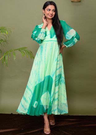 Tie- Dye Printed Chiffon Readymade Dress In Green
