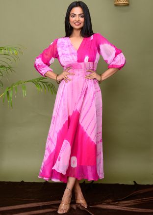 Pink Chiffon Readymade Dress In Tie- Dye Print