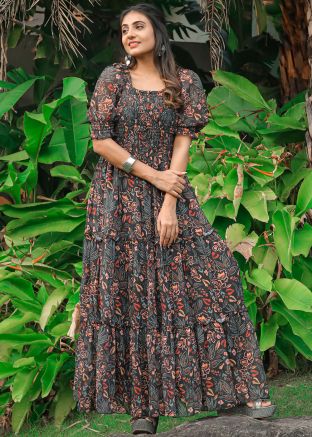 Black Floral Print Dress In Georgette
