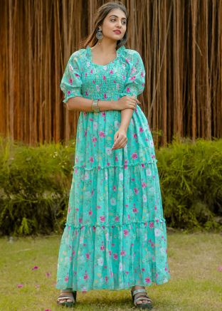 Turquoise Floral Print Dress In Georgette