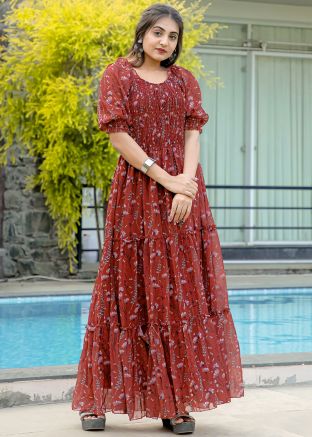 Brown Floral Print Dress In Georgette