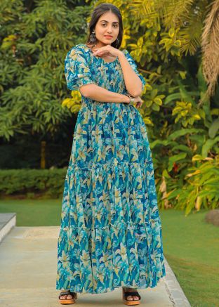 Blue Floral Print Dress In Georgette