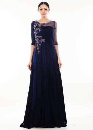 Blue Georgette & Net Dress With Attached Dupatta