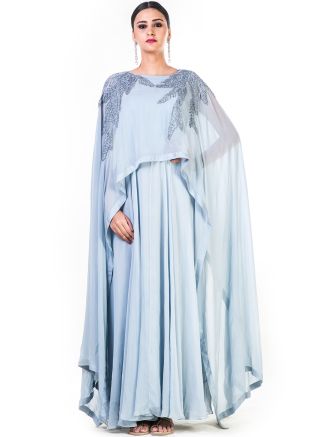 Grey Satin Georgette Cape Style Gown