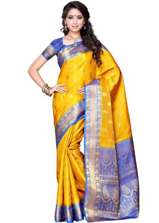 Mustard Yellow & Blue kanchipuram Saree With Blouse 
