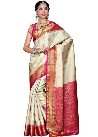 Cream & Pink Kanjivaram Silk Saree With Blouse
