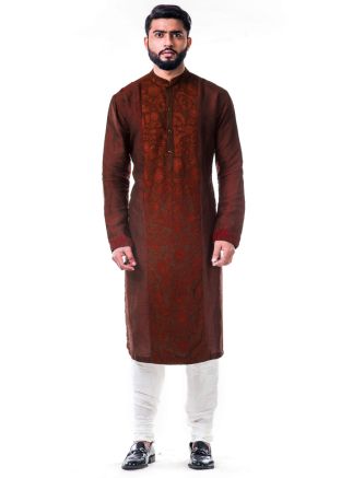 Maroon Aari Embroidered Silk Kurta Set