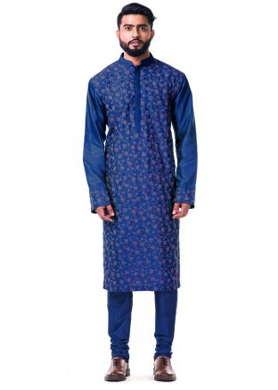 Royal Blue Thread Embroidered Katan Silk Kurta Set