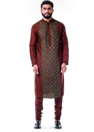 Maroon Embroidered Katan Silk Kurta Set