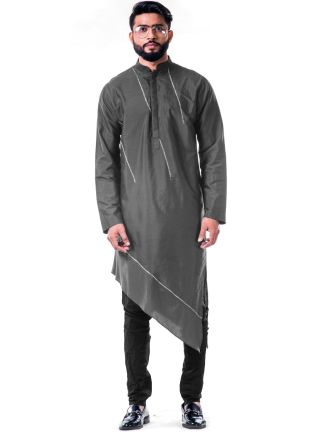 Grey Embroidered Katan Silk Asymmetrical Kurta Set
