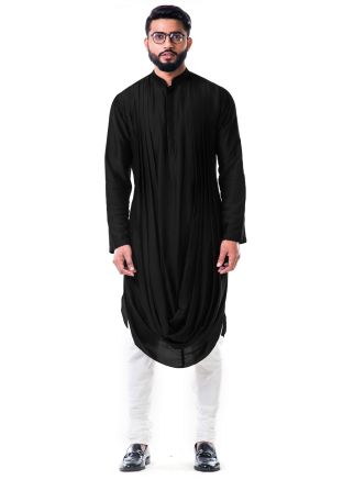 Black Cowl Style Silk Kurta Churidar Set