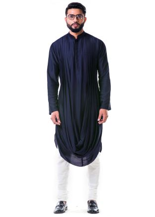 Navy Blue Cowl Style Silk Kurta Churidar Set