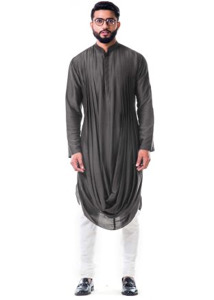 Grey Cowl Style Silk Kurta Churidar Set