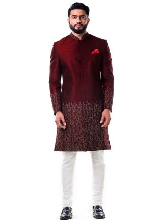Maroon Hand Embroidered Indo Western Sherwani