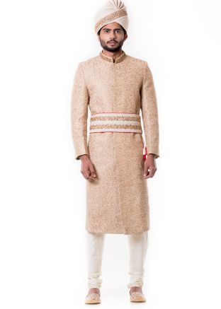 Beige Silk Sherwani Set With Kurta