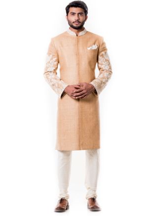 Beige Thread Embroidered Silk Sherwani