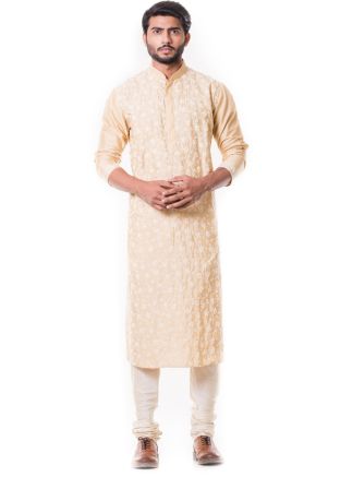 Beige Thread Embroidered Silk Kurta Churidar Set