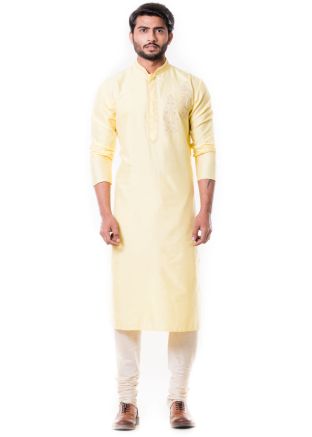 Light Yellow Hand Embroidered Kurta Churidar