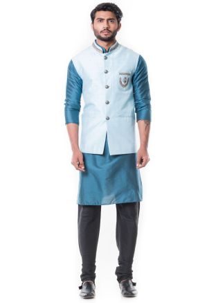 Teal Blue Cotton Silk Kurta Set With Nehru Jacket