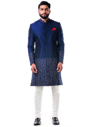 Navy Blue Hand Embroidered Indo Western Sherwani
