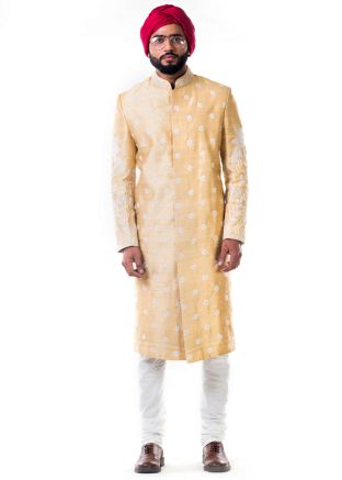 Beige Thread Embroidered Sherwani Set In Silk