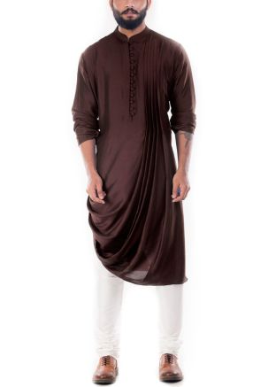 Dark Brown Cowled Art Silk Kurta With Churidar