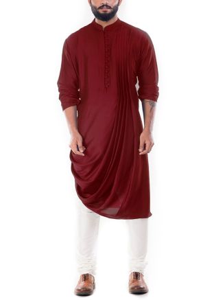 Maroon Cowled Art Silk Kurta With Churidar