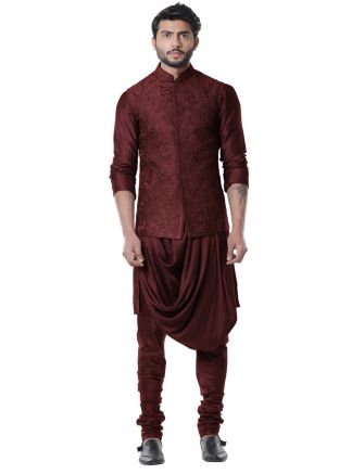 Maroon Cowl Style Kurta Set With Nehru Jacket