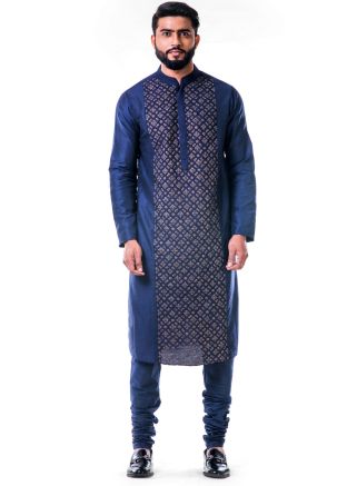 Navy Blue Embroidered Katan Silk Kurta Set