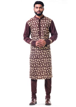 Dark Brown Embroidered Kurta Churidar Set