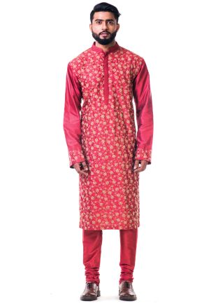 Red Embroidered Katan Silk Kurta Churidar Set