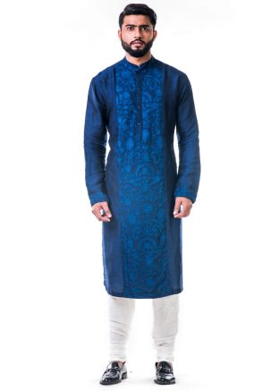 Navy Blue Aari Embroidered Silk Kurta Set