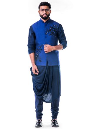 Navy Blue Cowl Style Kurta Set With Nehru Jacket