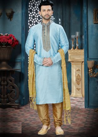Powder Blue Embroidered Readymade Kurta Set
