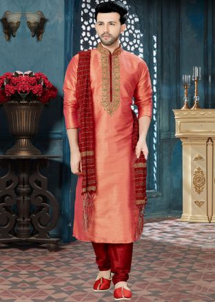 Peach Readymade Embroidered Kurta Set