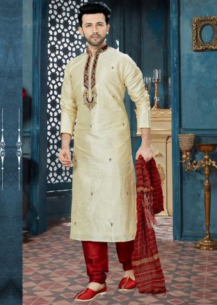 Cream Embroidered Readymade Kurta Set
