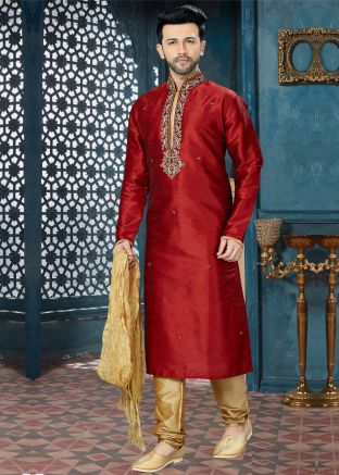 Maroon Readymade Embroidered Kurta Set