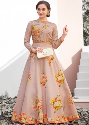 Fawn Printed Indian Gown With Embroidery