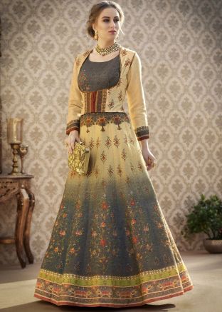 Shaded Beige & Blue Digital Printed Indian Gown
